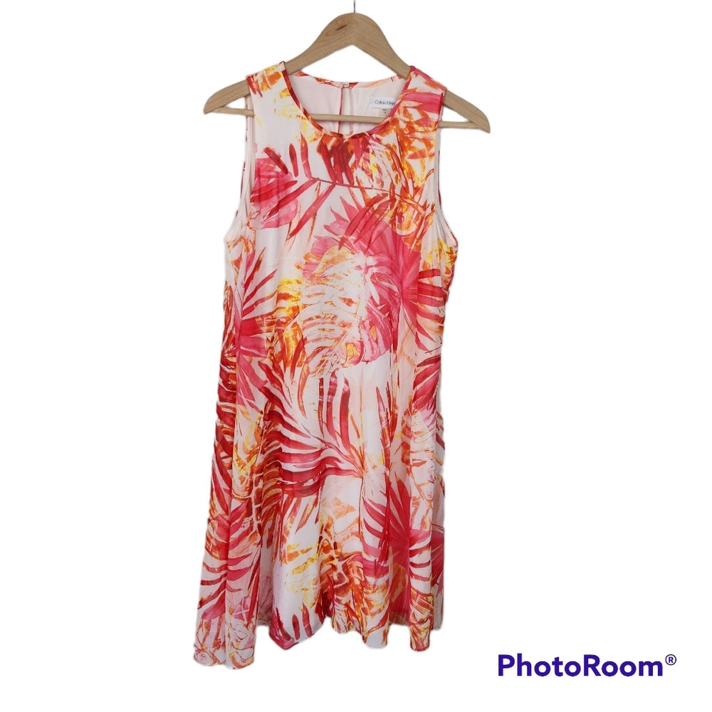 Calvin Klein Pink & Yellow Tropical Midi Dress